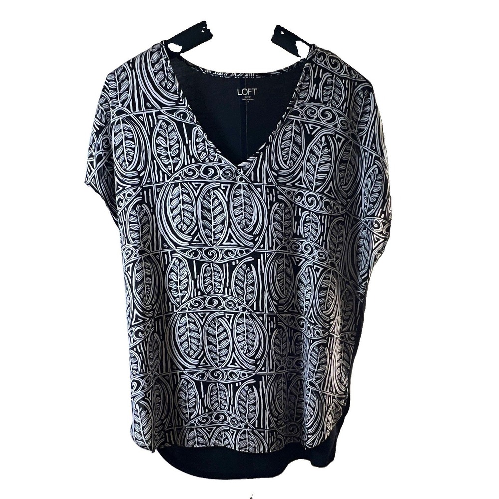 LOFT Outlet Women's Geometric V-Neck Short Sleeve Blouse Top Black White M